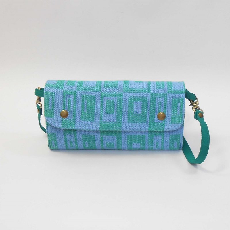 Handwoven fabric cross-body long clip with magnetic buckle 04 - กระเป๋าสตางค์ - ผ้าฝ้าย/ผ้าลินิน สีเขียว