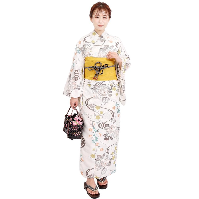 日本 和服 聚酯纖維 梭織 女性 浴衣 腰帶 2件組 F Size X41-09C - 其他 - 聚酯纖維 黃色