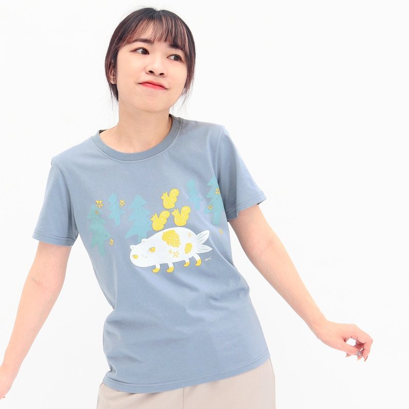 果果好朋友 - 純棉短袖tshirt 貓 - 女 T 恤 - 棉．麻 藍色