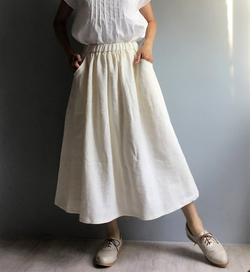 Vanilla ice cream/pure off-white ramie pocket midi skirt/circle skirt 100% ramie - กระโปรง - ผ้าฝ้าย/ผ้าลินิน ขาว