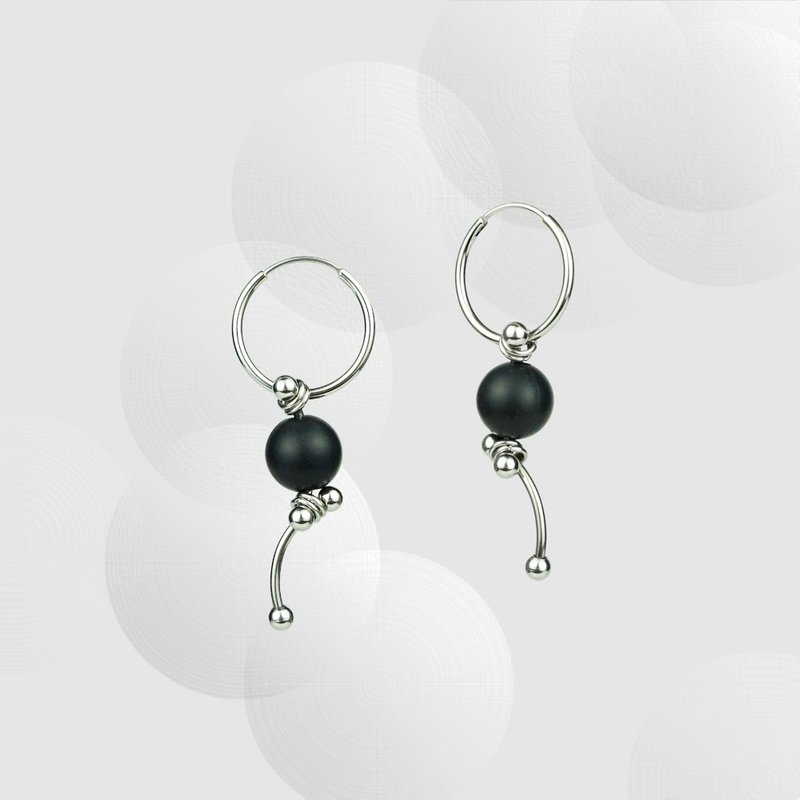 BOUNCE rhythm series elastic silicone black round bead pendant circle earrings - ต่างหู - สแตนเลส สีดำ