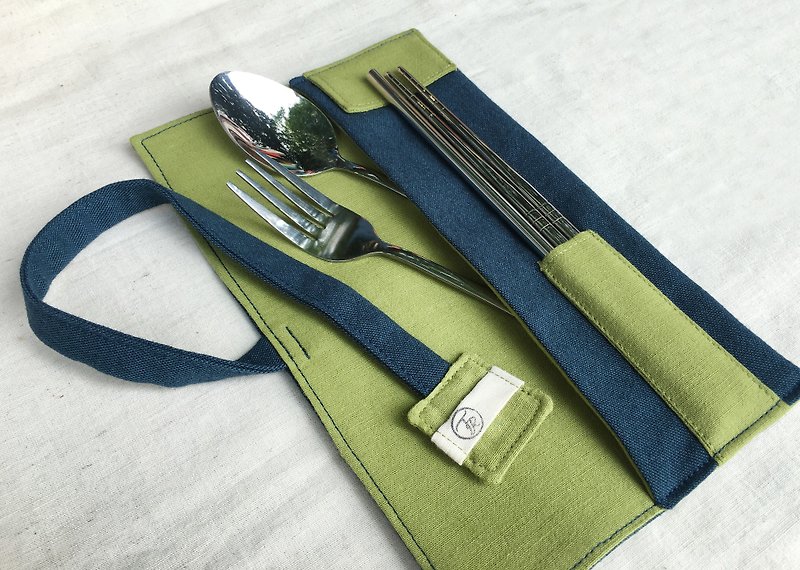 棉．麻 餐具/刀叉湯匙 藍色 - 餐具袋 - 含餐具 - 丹寧藍 - 餐具包 餐具套 收納袋 環保餐具