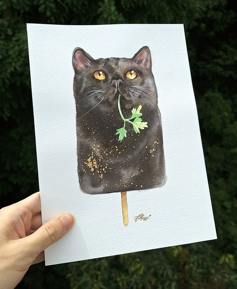オリジナル水彩画【猫型豚の血餅】 - ポスター・絵 - 紙 ブラック