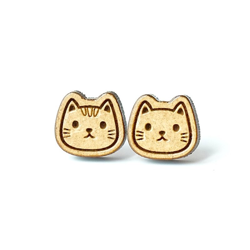 Plain wood earrings-Cat - ต่างหู - ไม้ สีนำ้ตาล
