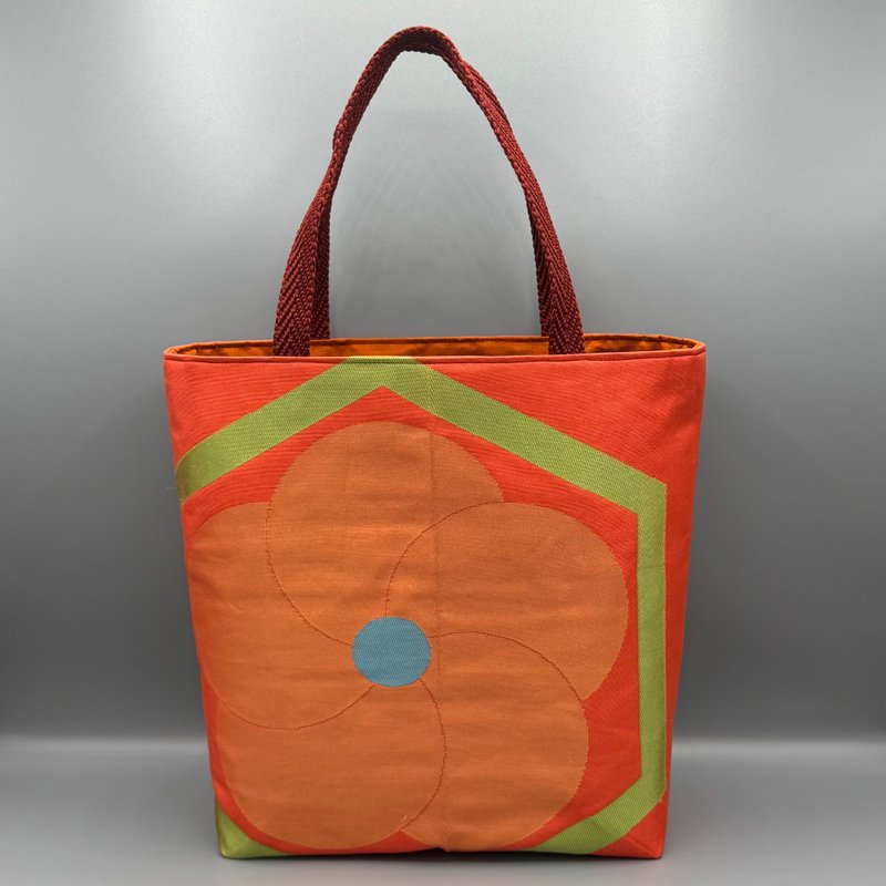 【中央有摺痕】和服腰帶改造 手作托特包 粉色 腰帶繩 - 手提包/手提袋 - 絲．絹 橘色