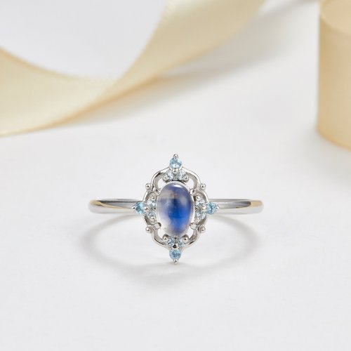 Purplemay Jewellery 【輕奢系列】18K金純天然月亮石藍色託帕石戒指 - R109