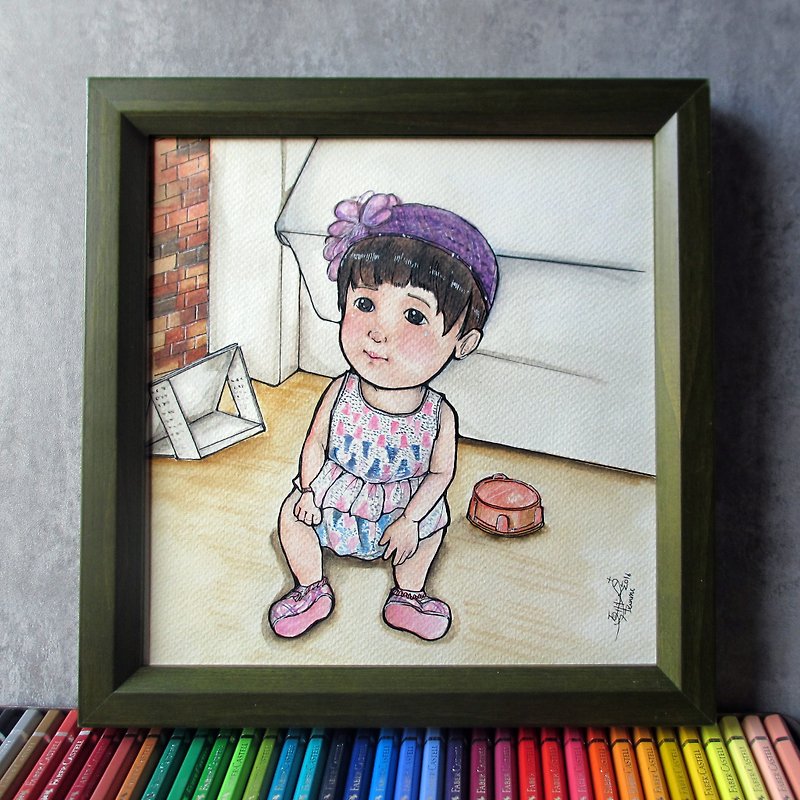 DUNMI and other meters | Hand-painted illustration - single/double/hairy child (small square with frame) - Customized Portraits - Paper 