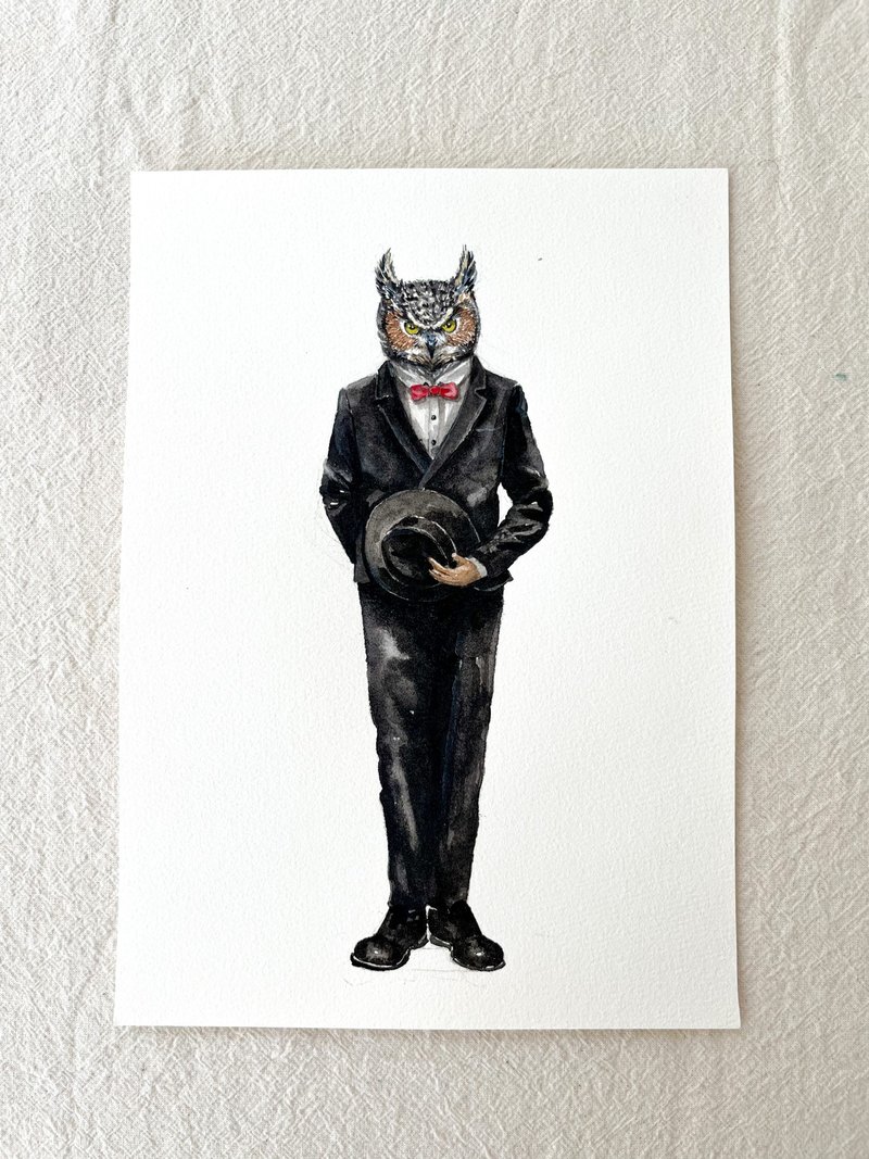 Suit series owl watercolor original painting - ภาพวาดบุคคล - กระดาษ สีดำ