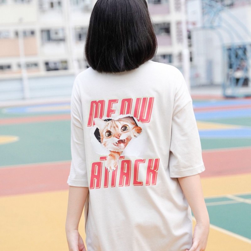 【CREEPS】Meow Attack V2 寬鬆重磅印花T恤 210g - 男 T 恤 - 棉．麻 多色