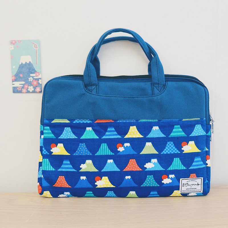 深藍富士山 - 拼色布料手提電腦袋 (13-14吋) / 815a.m - 電腦袋 - 棉．麻 