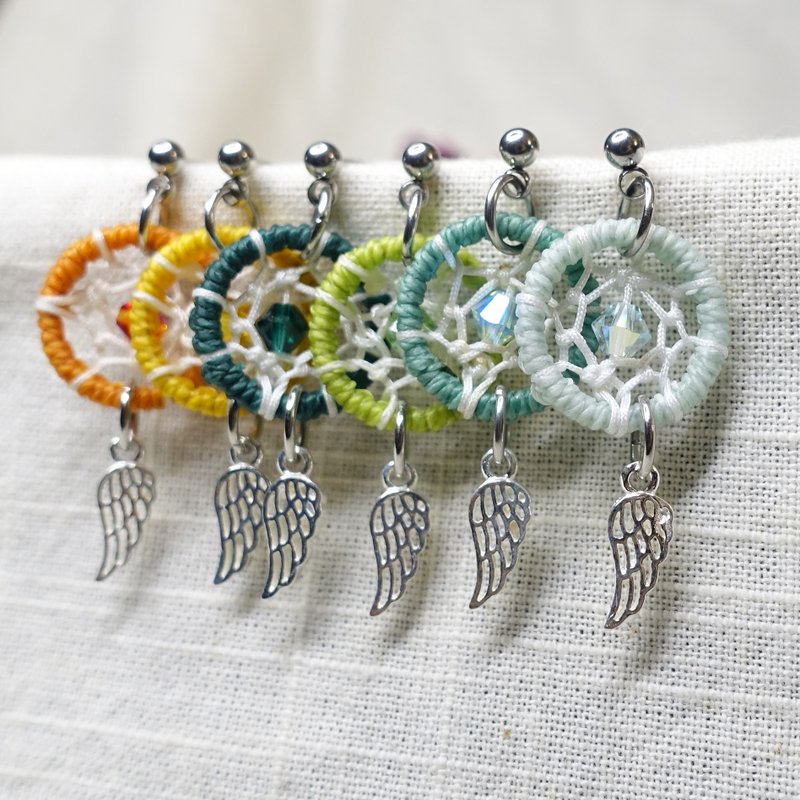 Yellow-green color│Mini dream catcher earrings│Hand-woven steel needle earrings/adjustable Clip-On - ต่างหู - วัสดุอื่นๆ สีเขียว