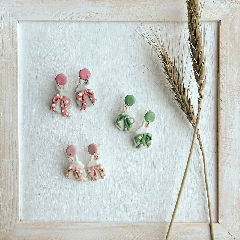 Ribbon Bunny | Handmade Polymer Clay Earrings - Earrings & Clip-ons - Clay 
