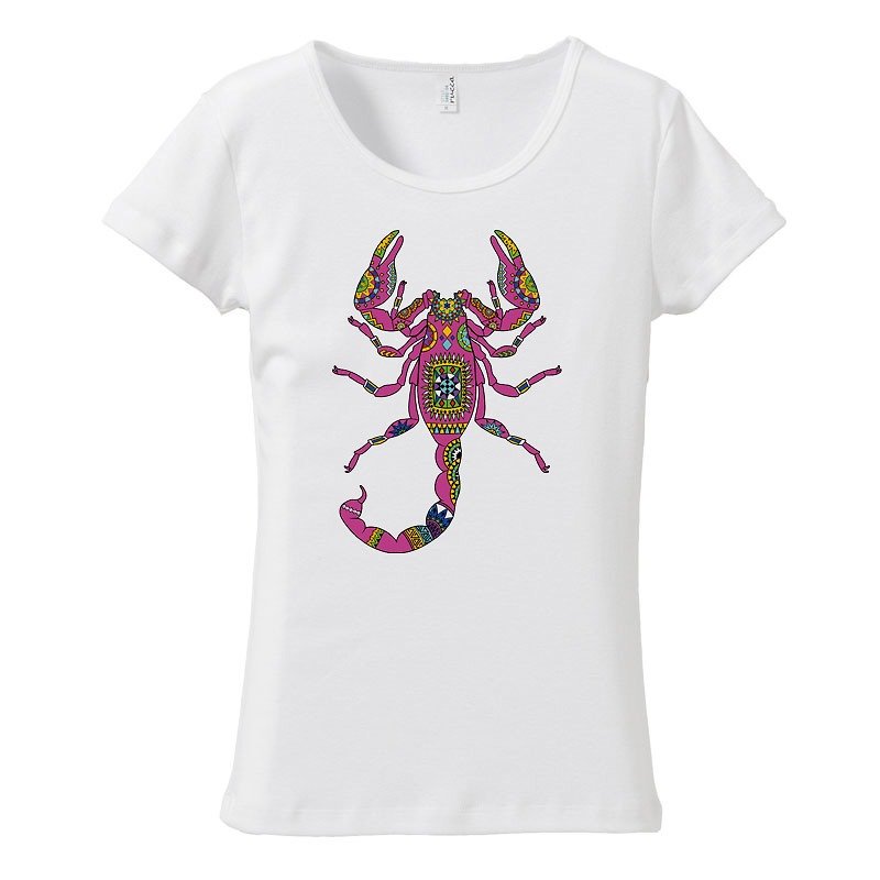 [Women's T-shirt] Ethnic scorpion - เสื้อยืดผู้หญิง - ผ้าฝ้าย/ผ้าลินิน ขาว