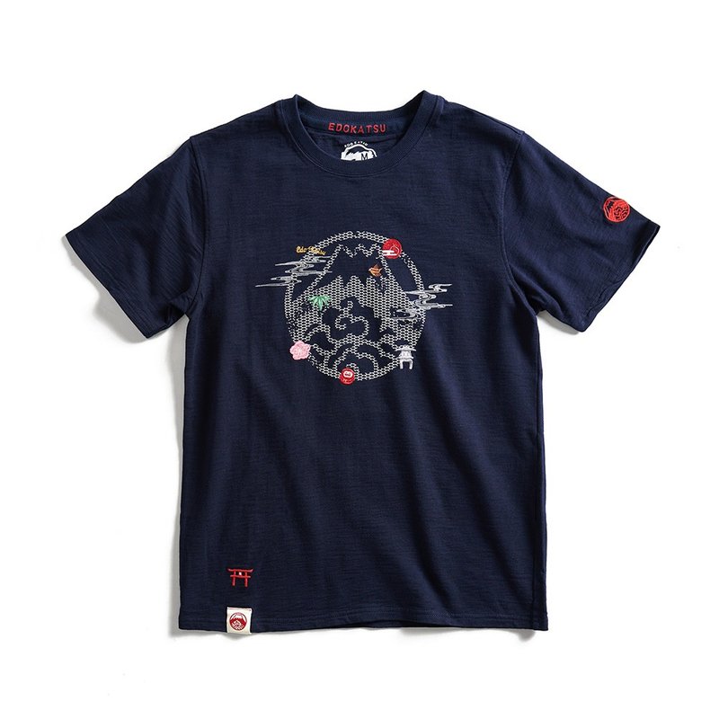 Edo Katsuri Department of Mount Fuji Zhuyin and wind small embroidery short-sleeved T-shirt - men's clothing (Zhang blue) #衣衣 - Men's T-Shirts & Tops - Cotton & Hemp Blue