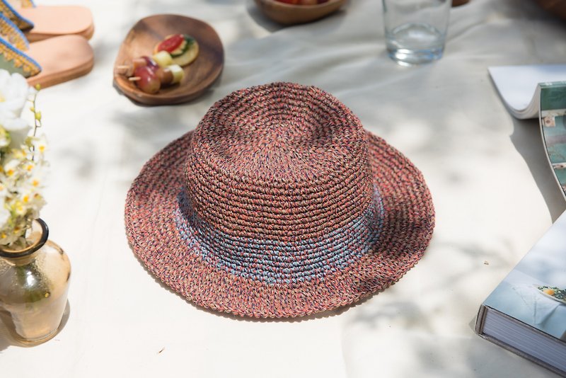 方方的夏天紳士草帽-紅咖灰藍 - 帽子 - 棉．麻 咖啡色