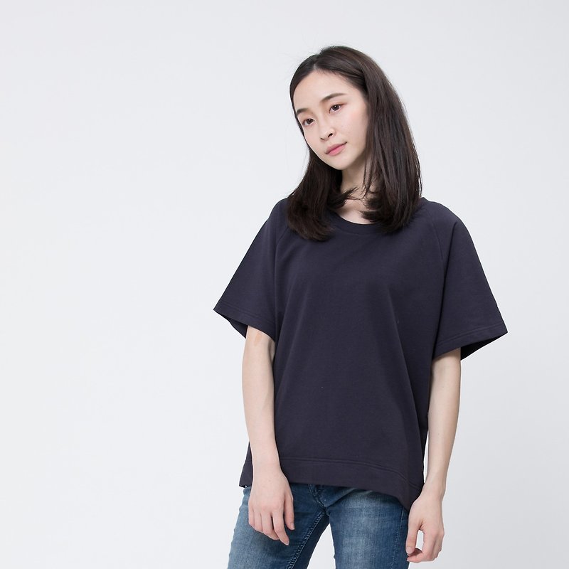 French terry loose fit short sleeve top / Dark blue - Tシャツ - コットン・麻 ブルー