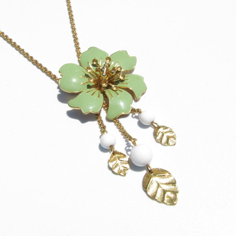 80s Vintage light green enamel flower motif necklace - สร้อยคอ - วัสดุอื่นๆ สีเขียว