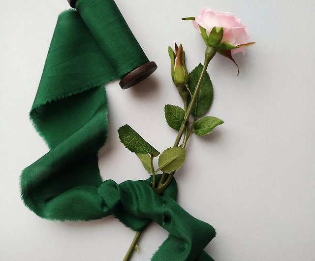 Emerald Green Silk Ribbon / Hand Dyed Silk ribbon on Wood Spool