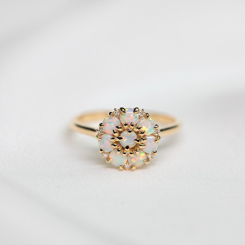 【PurpleMay Jewellery】18k Yellow Gold Blossom Opal Diamond Ring Band R044 - แหวนทั่วไป - เครื่องเพชรพลอย สีใส
