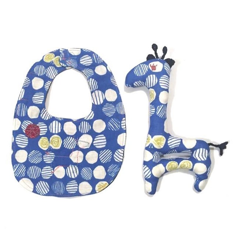 babygift whim giraffe style & Niginigi rattle set - ผ้ากันเปื้อน - ผ้าฝ้าย/ผ้าลินิน สีน้ำเงิน