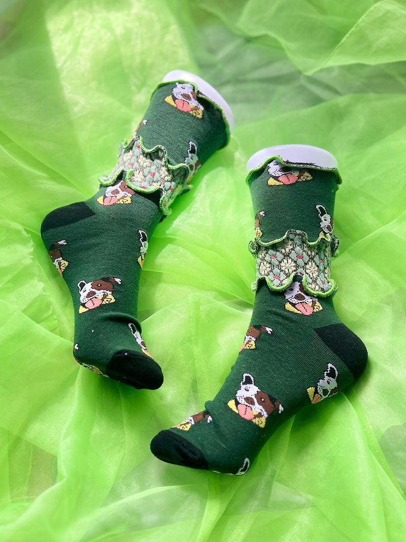 Green Bulldog Dog Colorful Mellow Socks Flashy Socks Unique Size 22.5-25 Women's Socks - Socks - Other Materials Red