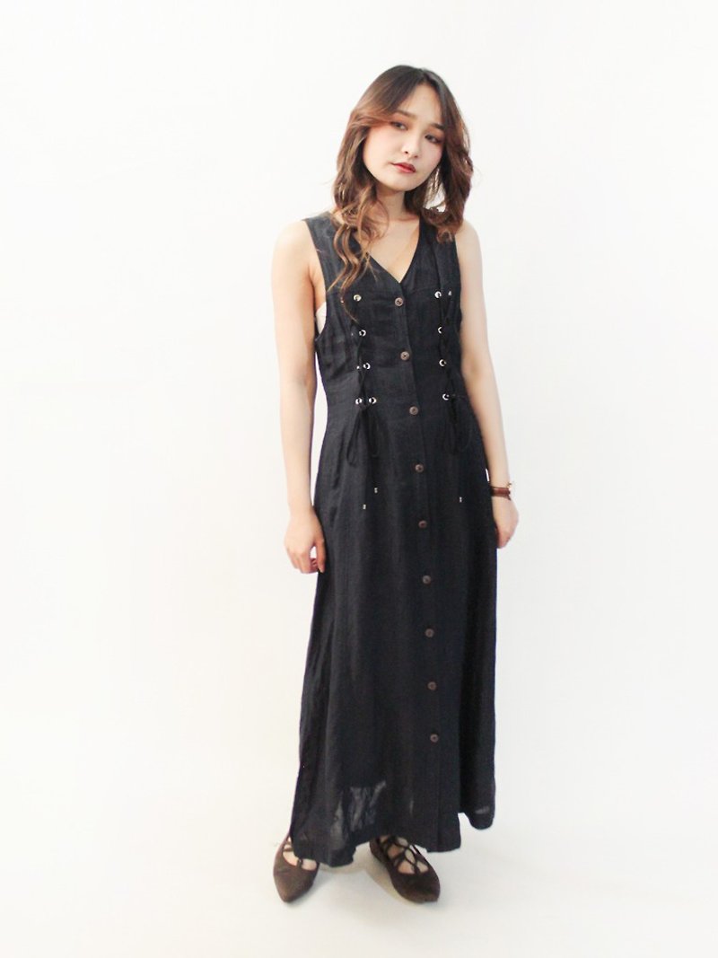 Vintage Early Spring Japanese Simple Fallen Strap Cut Sleeveless Dark Gray Linen Vintage Dress - ชุดเดรส - ผ้าฝ้าย/ผ้าลินิน สีดำ