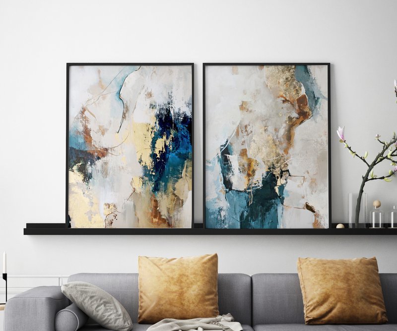 Blue and Gold Abstract Painting | Set of 2 Paintings Abstract Art | Flow Set-2 - 壁貼/牆壁裝飾 - 棉．麻 藍色