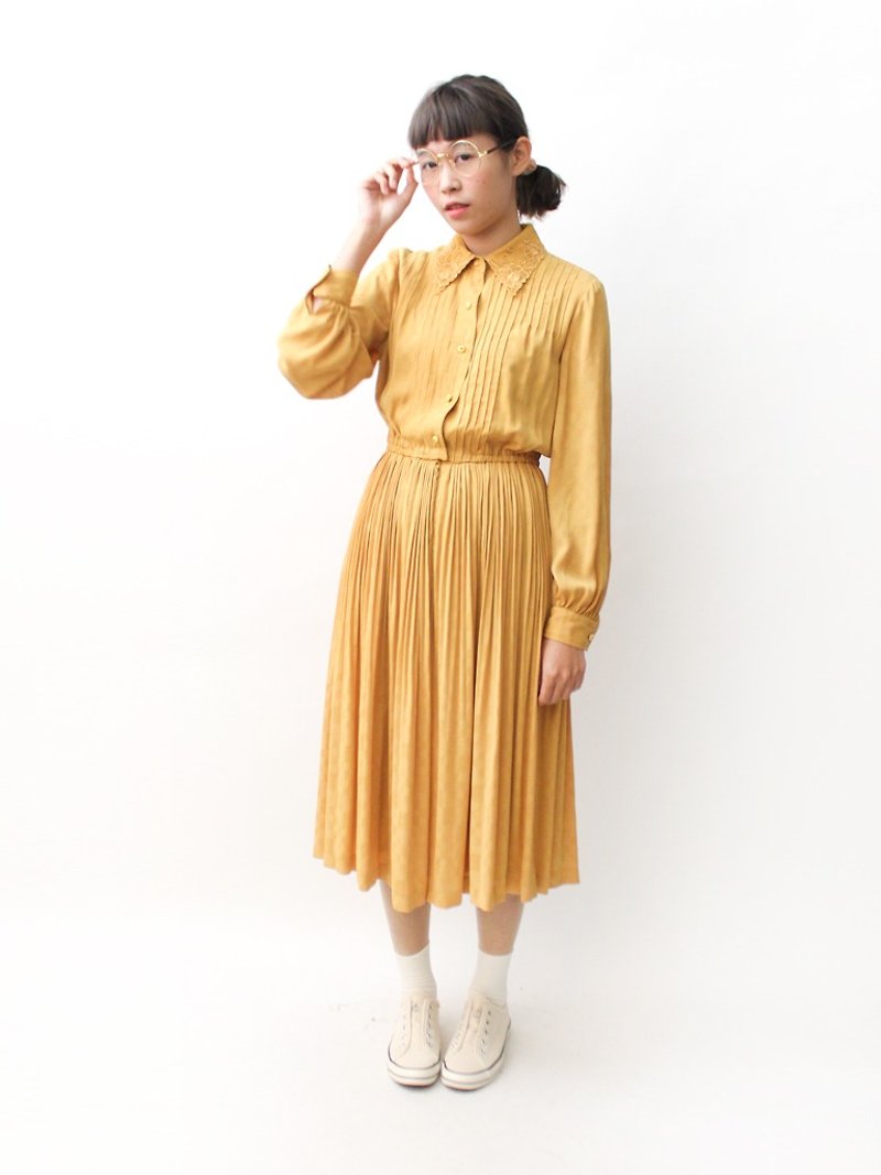 【RE0322D1043】日本製薑黃色蕾絲翻領格子格紋長袖春夏古著洋裝 - 洋裝/連身裙 - 聚酯纖維 黃色