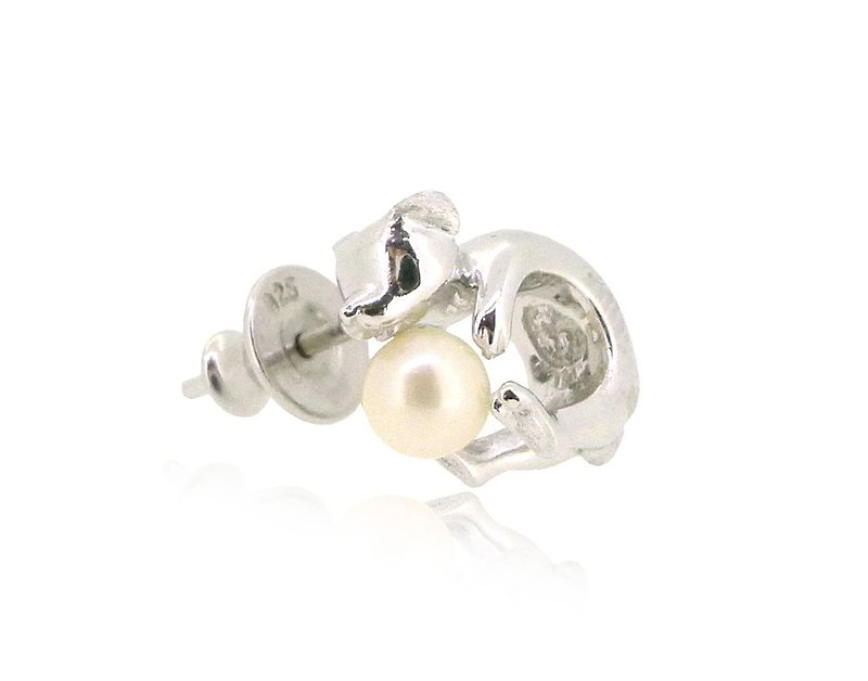 HK191~ 小狗造型925純銀耳環 連天然珍珠 - 耳環/耳夾 - 其他金屬 銀色