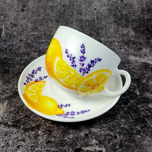 StekloCraft Lemon and lavender Tea Cup and Saucer Bridal Shower Favor Wedding Cup handmade