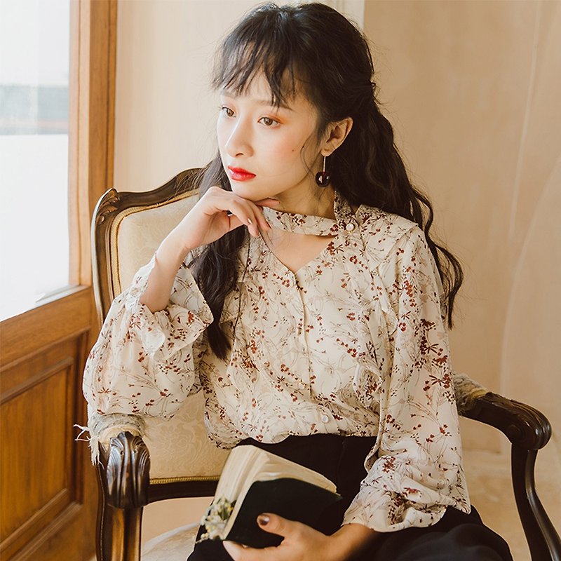 花柄のシャツの女性レトロな香港風のインスタイルのデザインニッチプリントシャツの弓韓国の野生のシャツ - シャツ・ブラウス - その他の素材 