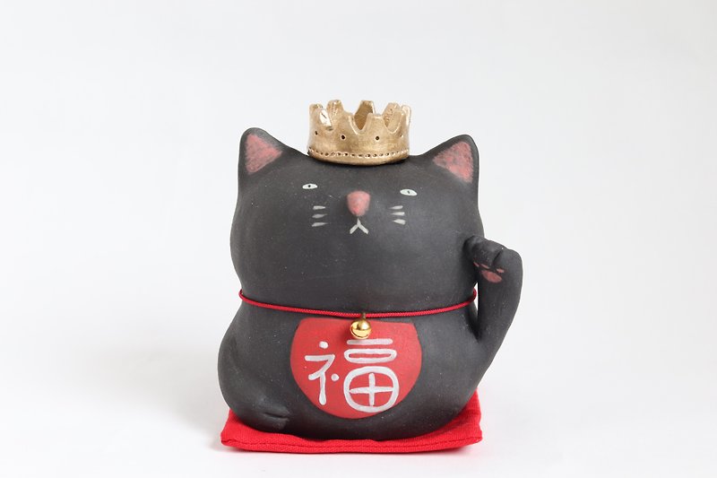招き黒猫の王様一輪挿し　左手【受注生産】 - 置物 - 陶器 ブラック