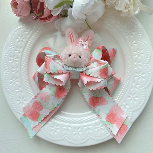 Reika&Bella手作髮飾 兔子草莓大款蝴蝶結不鏽鋼髮夾-粉紅色兔頭