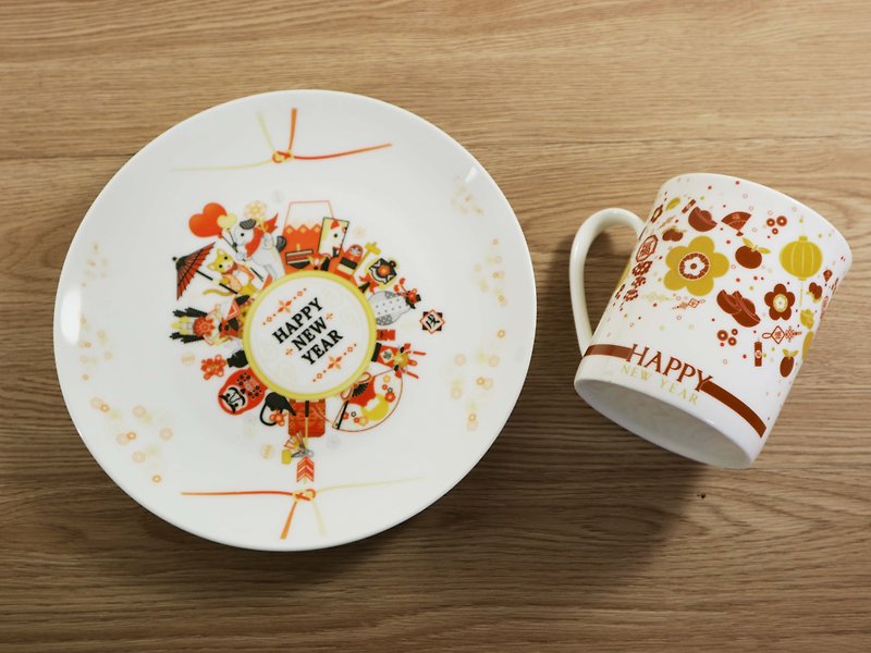 Happy New Year bone china cup plate group new year gift noble gift - แก้ว - เครื่องลายคราม สีแดง