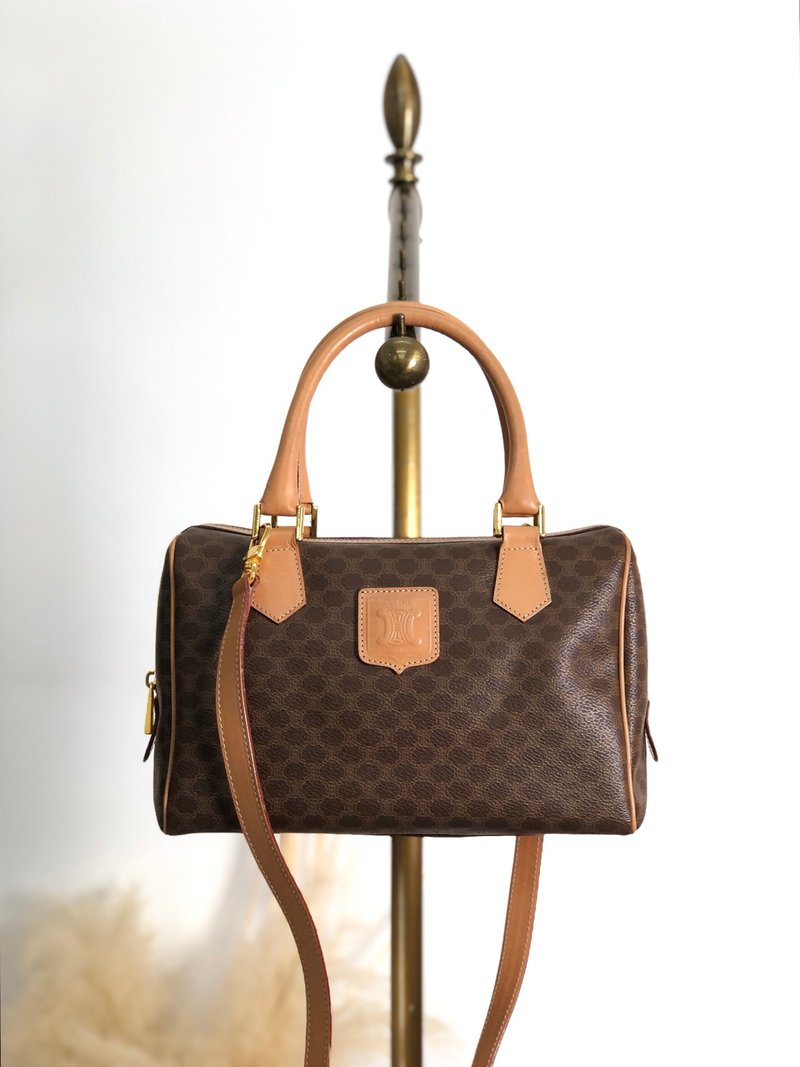 【 日本直送　名牌中古包 】CELINE マカダム ハンドバッグ ブラウン ブラゾン型押し PVC レザー 2way ミニボストン vintage bxb7p7 - 手提包/手提袋 - 防水材質 咖啡色