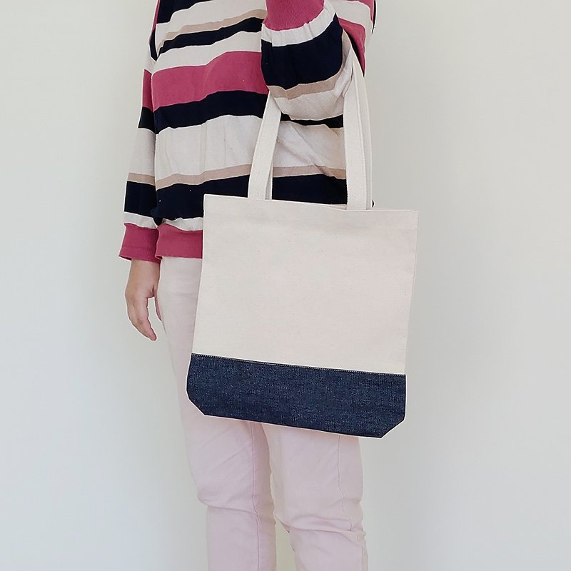 Canvas blank unprinted/denim wide bottom shoulder bag ok - Handbags & Totes - Cotton & Hemp White