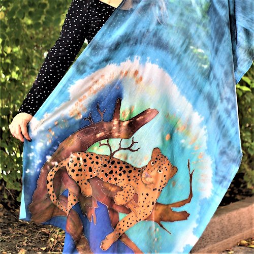 Enya Hand painted scarf with leopard. Cotton tie dye scarf. Great gift. Blue shawl