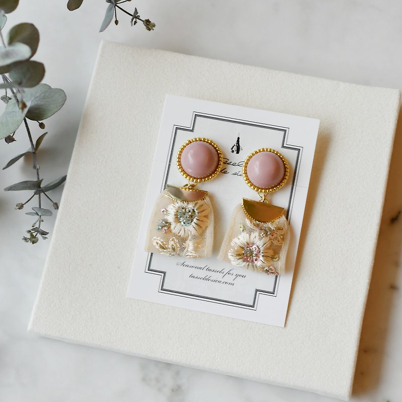 Ribbon tassel earrings /Beige Pink - Earrings & Clip-ons - Other Materials Pink