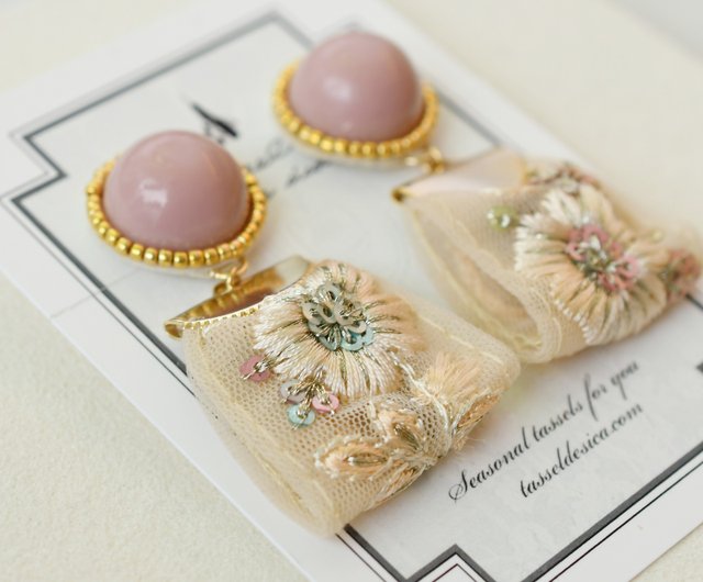 数量限定 リボンのタッセルピアス・イヤリング/ベージュピンク