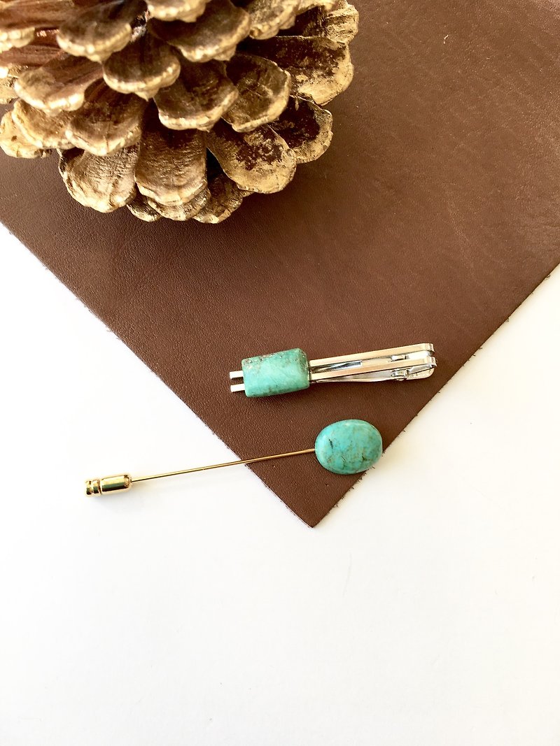 Turquoise Set-up Tiepin Necktie pin, Brooch, For gift - เข็มกลัด - หิน สีน้ำเงิน
