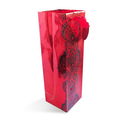 205剪刀石頭紙 亮紅歐式花紋 提袋酒袋【Hallmark-禮物袋/紙袋】