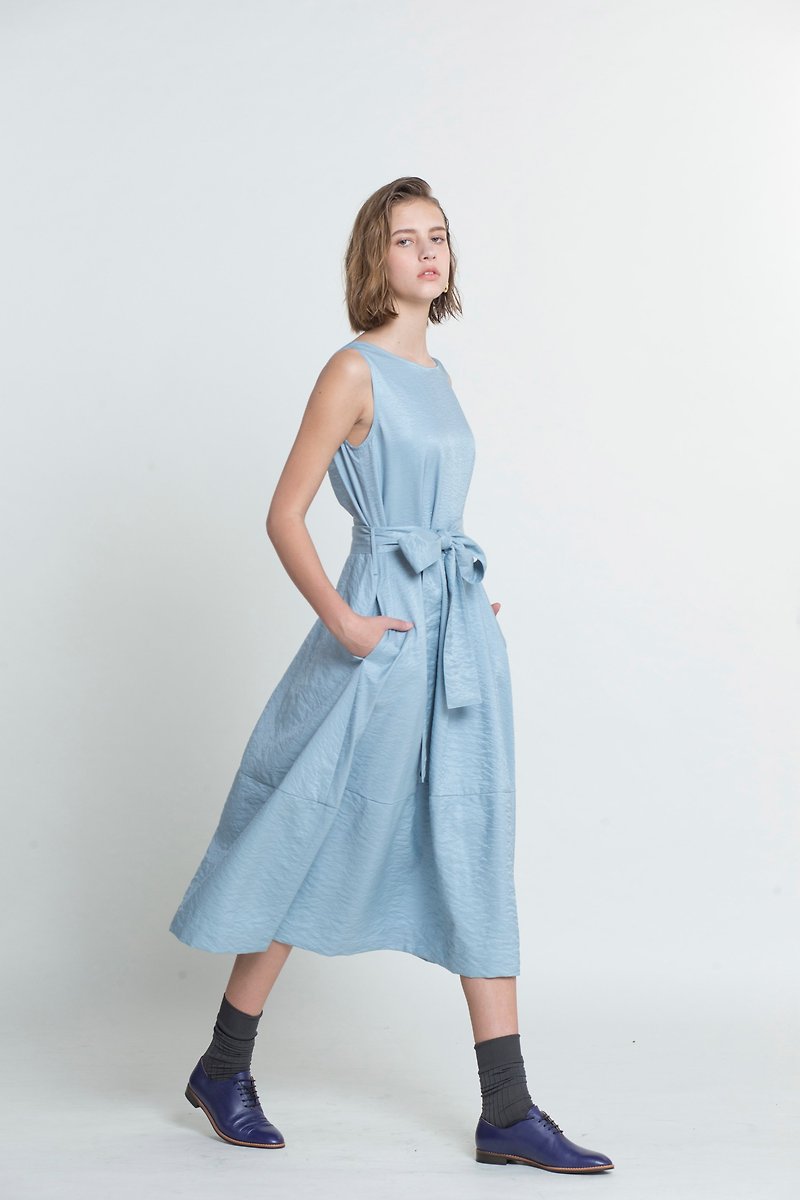 Belted frilled dress/ Blue - One Piece Dresses - Cotton & Hemp Blue
