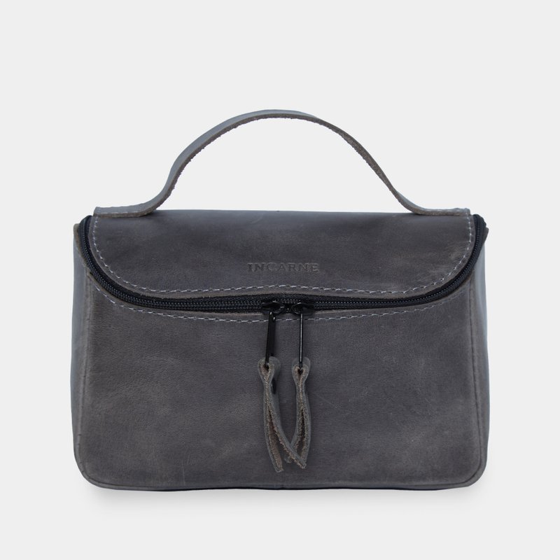 グレーのヴィンテージレザートイレタリーバッグ - ハンドメイドコスメティックオーガナイザー - ポーチ - 革 グレー