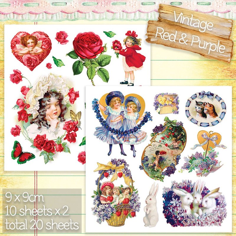 Vintage collage red & purple 2types mix (honne market) - 貼紙 - 紙 多色