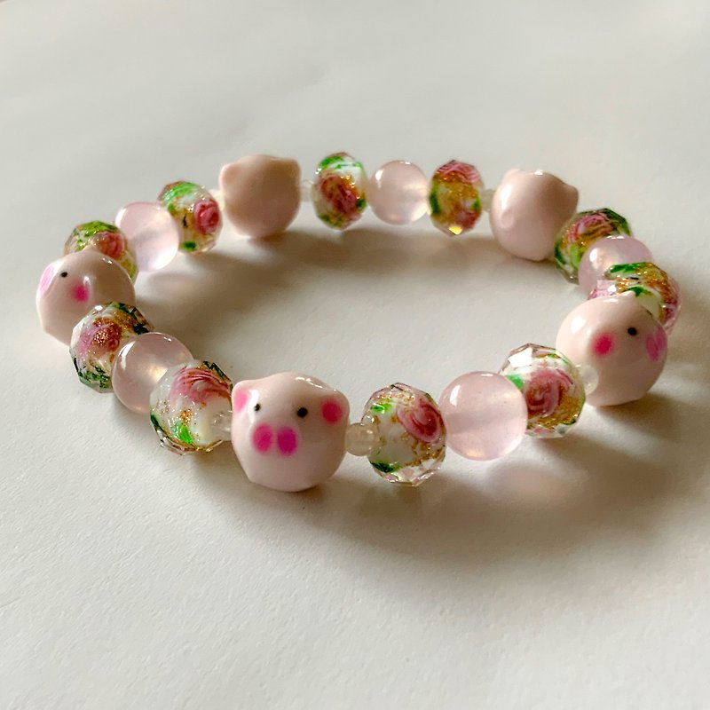 Made-to-order tonball flower garden pig bracelet - Bracelets - Plastic Pink