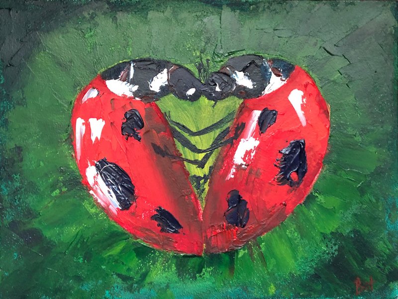 Ladybugs Painting Beetles Original Oil Art Bugs Artwork Symbolism Wall Art - 海報/掛畫/掛布 - 其他材質 綠色