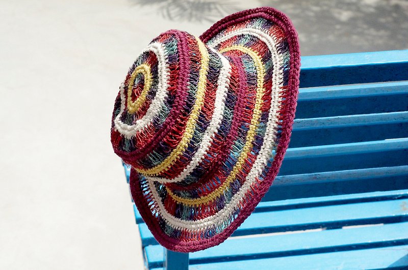 A limited edition handmade cotton Linen cap / hat / visor / hat - rendered hollow rainbow colored knit - Hats & Caps - Cotton & Hemp Multicolor