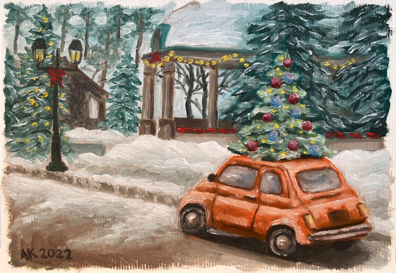 Xmas Tree Delivery oil painting, winter illustration, Christmas Day, new year - 壁貼/牆壁裝飾 - 其他材質 白色