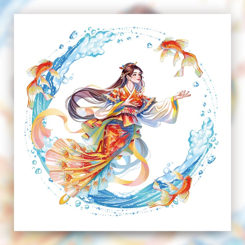 Goldfish - girl Korean Hanbok illustrated postcard (uha) - 卡片/明信片 - 紙 紅色
