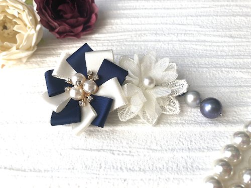 flor-accessory ロゼット バレッタ リボン パール ホワイト ブルー